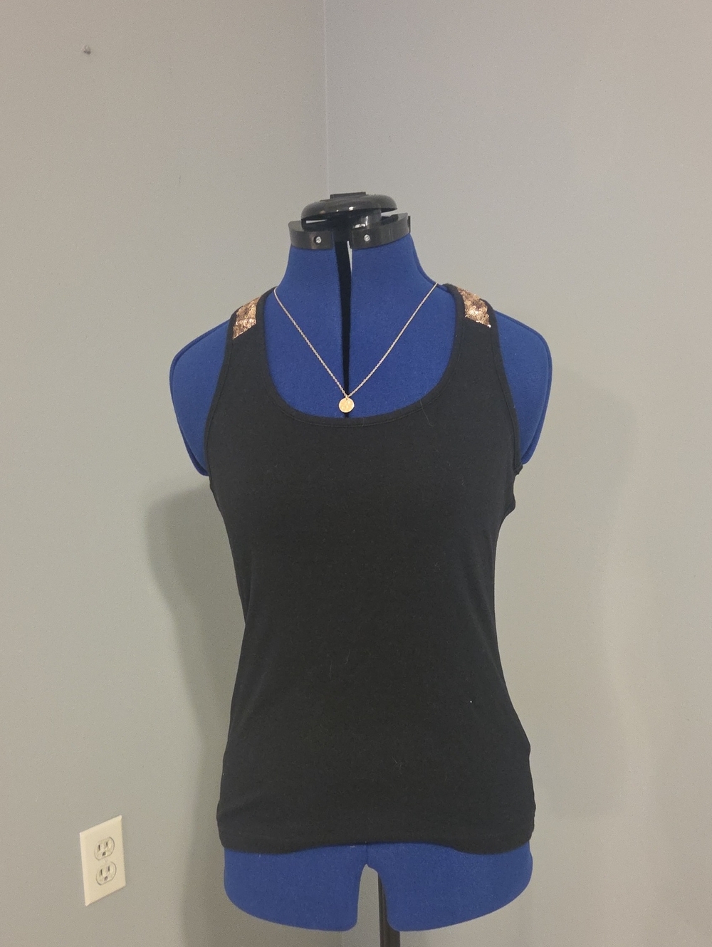 Black Tank Top with Gold Sequin Shoulder Accents